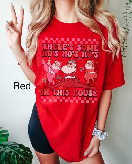 vintage t shirt twerking santa design funny christmas shirt with theres some hos hos hos in this house for holiday parties pyczr