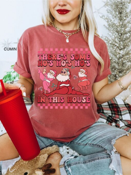 vintage t shirt twerking santa design funny christmas shirt with theres some hos hos hos in this house for holiday parties