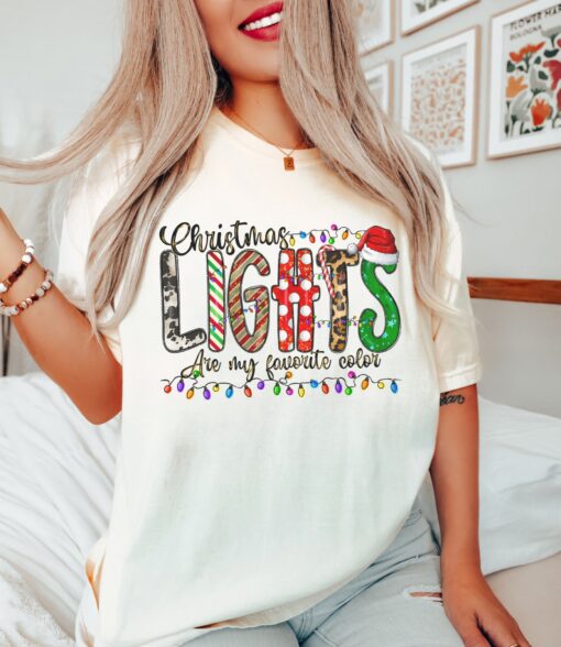 vintage t shirt with christmas lights design featuring animal print and merry bright theme for holiday celebrations