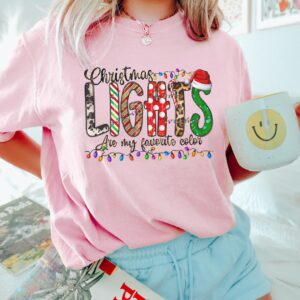 vintage t shirt with christmas lights design featuring animal print and merry bright theme for holiday celebrations 93jbv