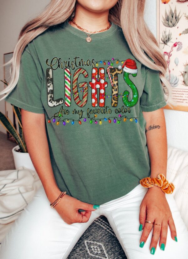 vintage t shirt with christmas lights design featuring animal print and merry bright theme for holiday celebrations add5y