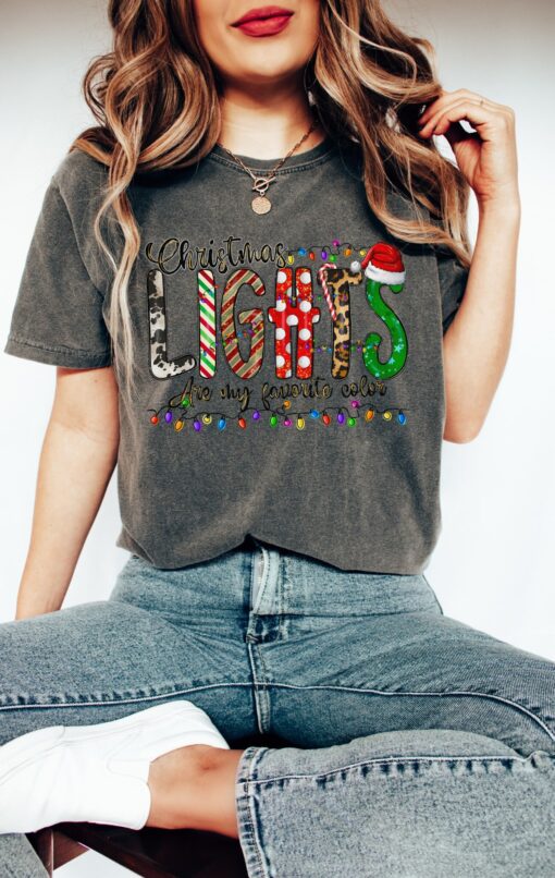 vintage t shirt with christmas lights design featuring animal print and merry bright theme for holiday celebrations qrgwh