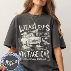 Vintage T Shirt Wizard Flying Car Tee Comfort Colors Design with Weasley Car Graphic for Bookish Fans and Magical Adventures