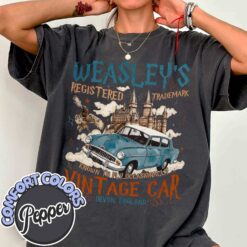 Vintage T Shirt Wizard Flying Car Tee Comfort Colors Style Bookish Design for Universal Fans of Magical Adventures