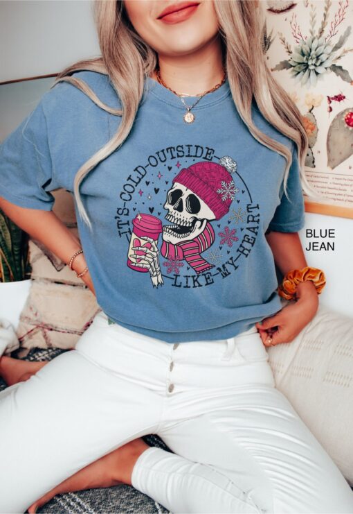 vintage t shirt womens funny valentines day skull design cold like my heart oversized tee for winter and coffee lovers z0esf