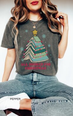 Vintage T Shirts Book Lover Christmas Tree Shirt All Booked For Christmas Design Comfortable Colors Holiday Tee