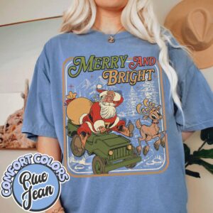 vintage t shirts merry and bright retro santa claus shirt with christmas tree design for family holiday celebrations zua1l