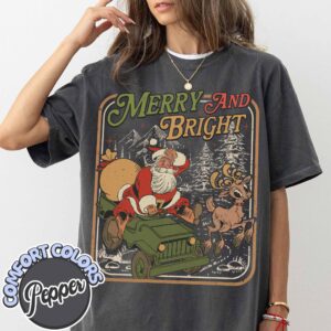 vintage t shirts merry and bright retro santa claus shirt with christmas tree design for family holiday celebrations zuysr