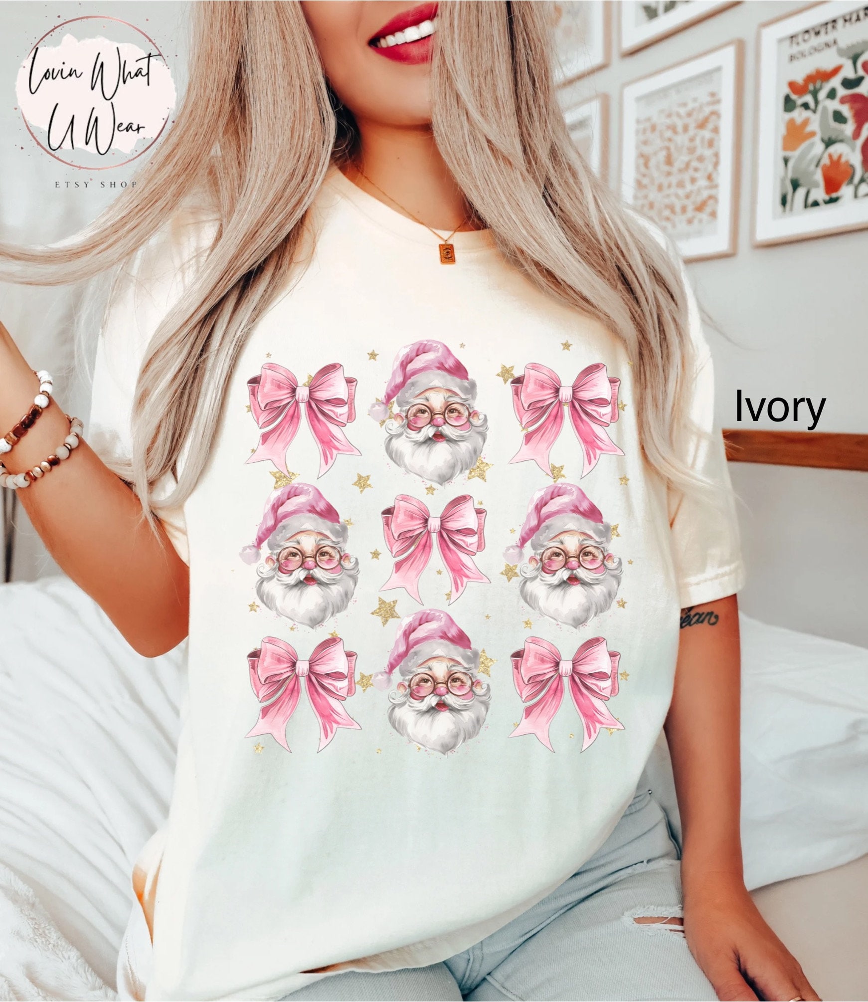 vintage t shirts pink santa t shirt with bow oversized comfort colors christmas tee trendy holiday top for women 204ya