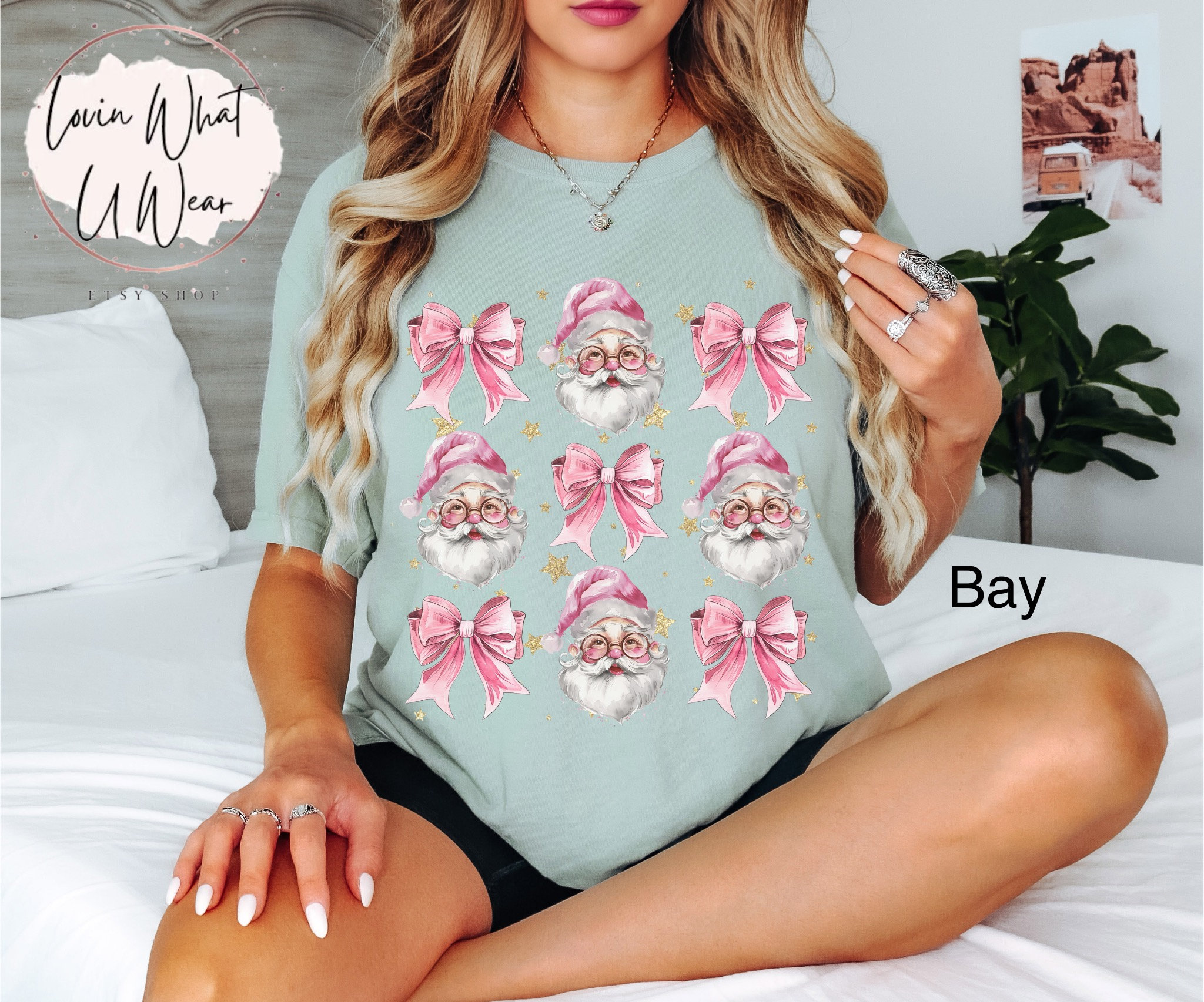 vintage t shirts pink santa t shirt with bow oversized comfort colors christmas tee trendy holiday top for women bmsg5