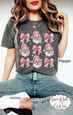 Vintage T Shirts Pink Santa T-Shirt with Bow Oversized Comfort Colors Christmas Tee Trendy Holiday Top for Women
