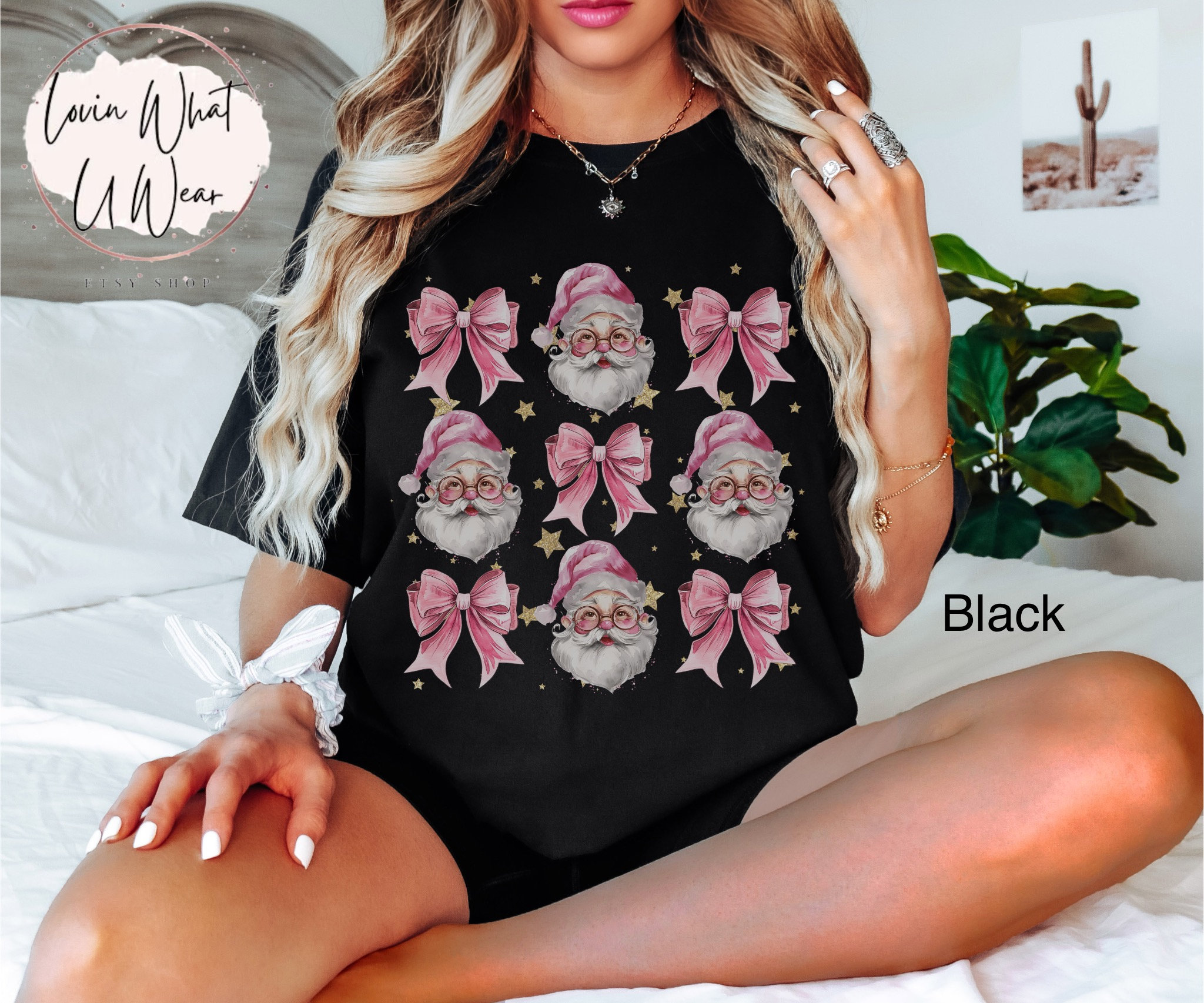 vintage t shirts pink santa t shirt with bow oversized comfort colors christmas tee trendy holiday top for women y083l