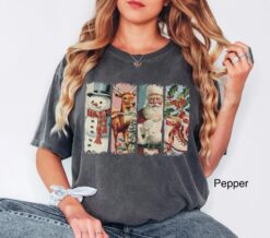 Vintage T Shirts Retro Santa Graphic Tee Oversized Comfort Colors Holiday Shirt Featuring Vintage Reindeer and Ice Skating Design