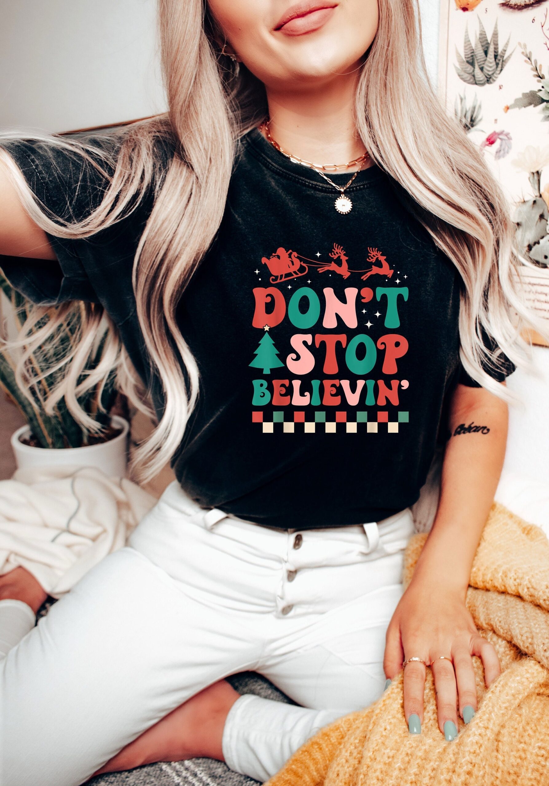 vintage t shirts santa dont stop believing tee funny christmas shirt comfortable colors christmas vibes design for holiday fun qmftd scaled