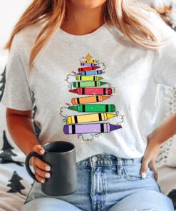 vintage teacher christmas shirt with crayon christmas tree design for holiday celebrations and festive classroom outfits nierm