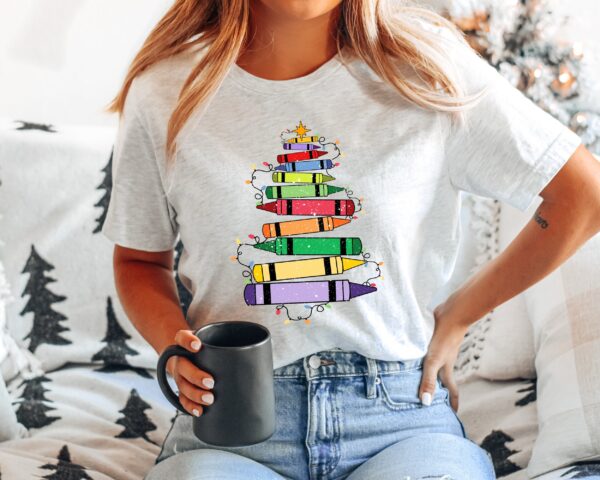 vintage teacher christmas shirt with crayon christmas tree design for holiday celebrations and festive classroom outfits nierm