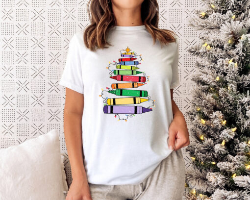 vintage teacher christmas shirt with crayon christmas tree design for holiday celebrations and festive classroom outfits