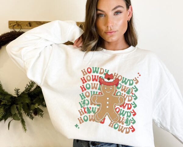 vintage western christmas sweatshirt featuring howdy gingerbread man design for women ideal for country and cowboy holiday celebrations jibio