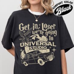 wizard flying car comfort colors shirt vintage universal studios womens wizard school t shirt get in loser tee beixv