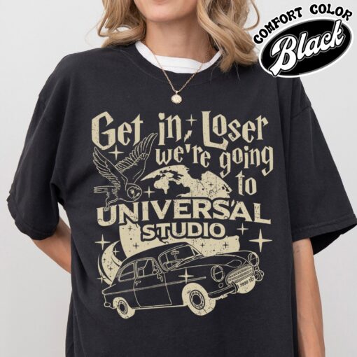 wizard flying car comfort colors shirt vintage universal studios womens wizard school t shirt get in loser tee