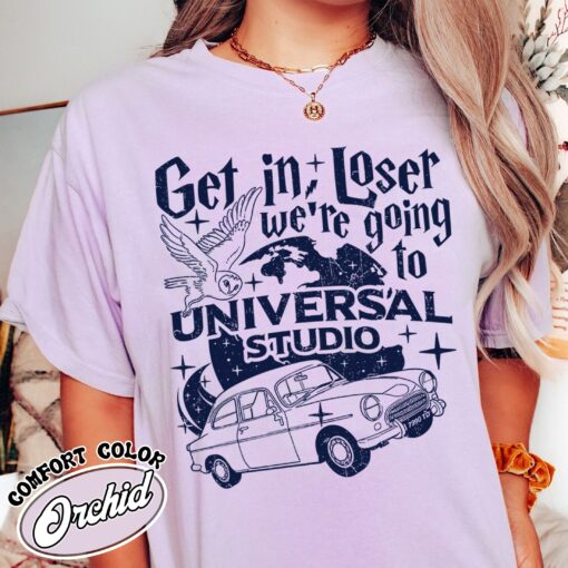 wizard flying car comfort colors shirt vintage universal studios womens wizard school t shirt get in loser tee