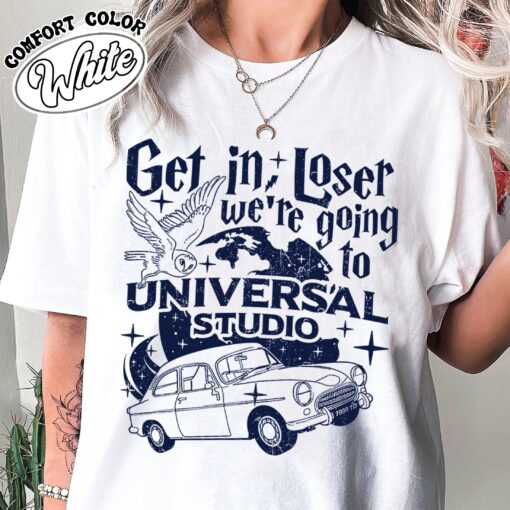 wizard flying car comfort colors shirt vintage universal studios womens wizard school t shirt get in loser tee i5r4o