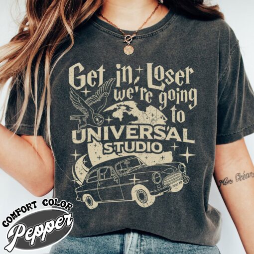 wizard flying car comfort colors shirt vintage universal studios womens wizard school t shirt get in loser tee
