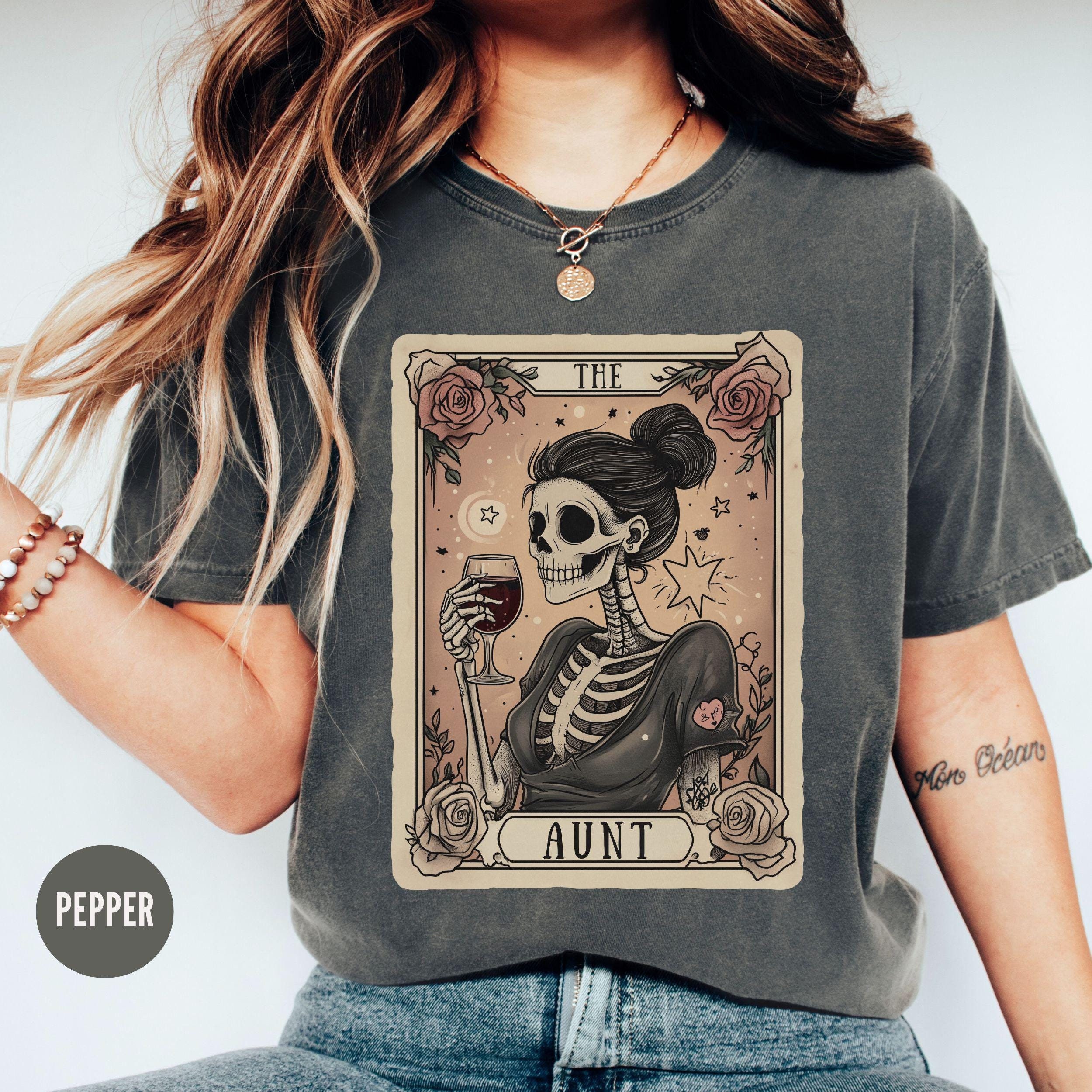 aunt tarot card shirt for women skeleton tee wine lover mothers day gift pregnancy reveal to sister him36