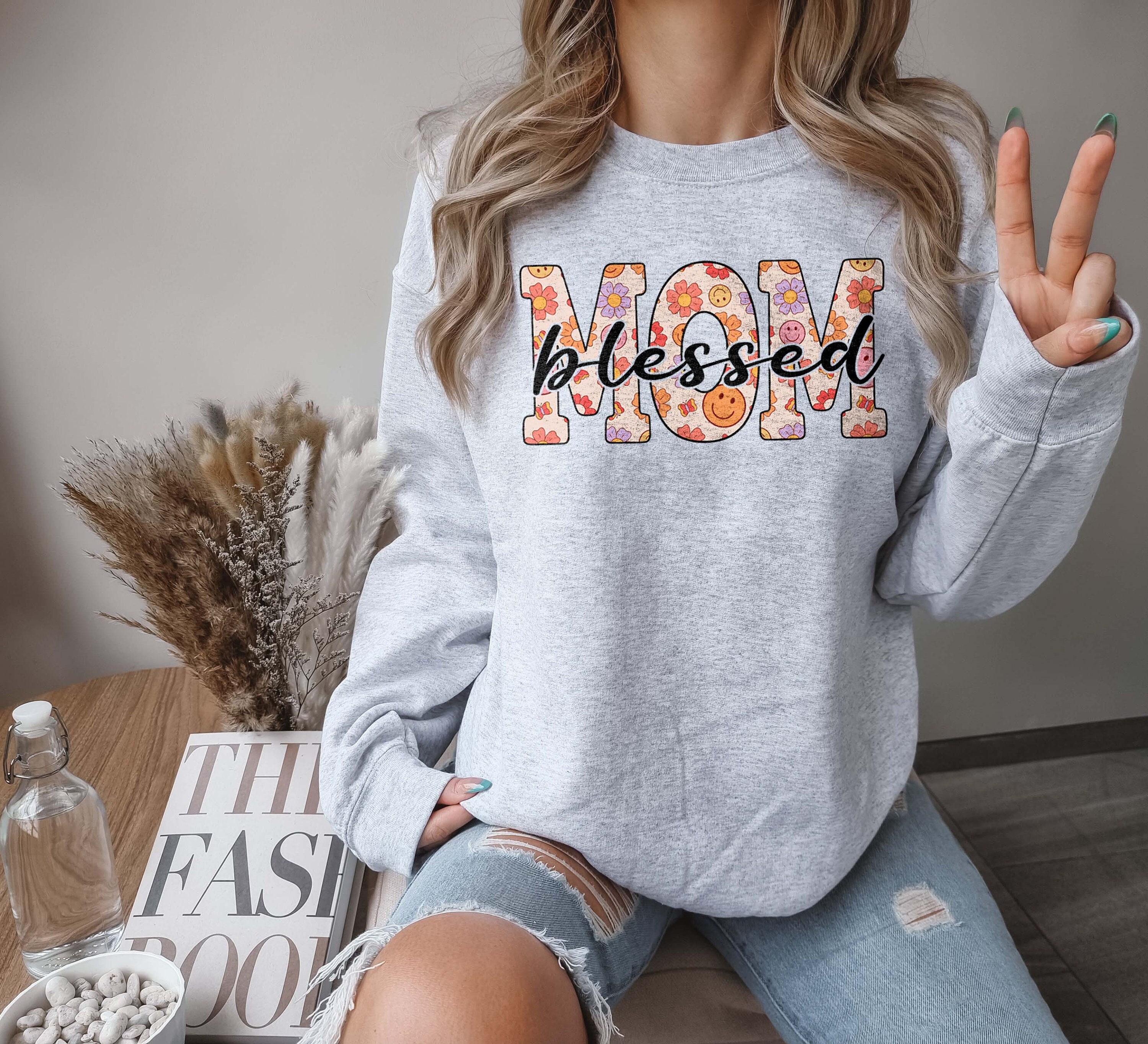 blessed mom sweatshirt for mothers day funny mom life sweater best mom gift groovy style for moms 1re1r scaled