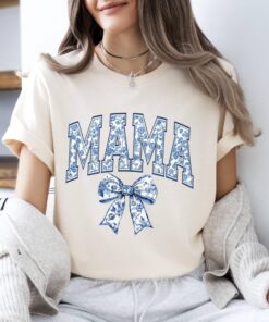 blue ribbon mama shirt cute floral tee for mothers day retro mom life gift chinoiserie aesthetic bow design jtyrn