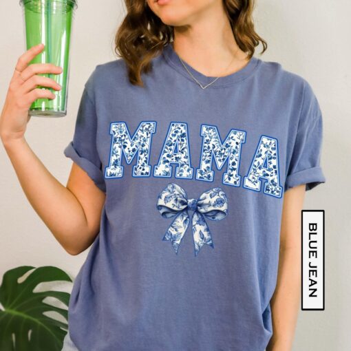 blue toile mama bow shirt for new moms cute girly aesthetic tee perfect for mothers day and personalized mom gifts weix6 scaled