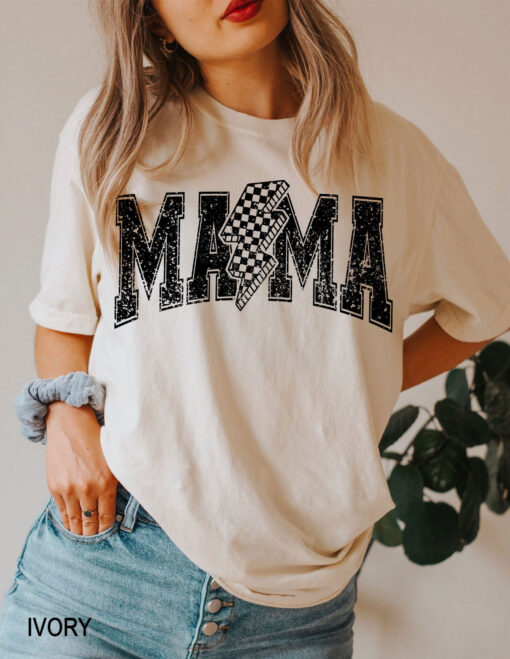 checkered bolt mama t shirt for strong women graphic tee distressed style cute mom life shirt ideal for mothers day gifts vlalj scaled