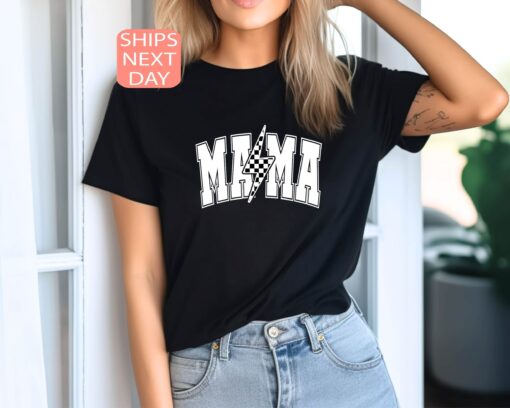 checkered lightning bolt mama shirt retro 90s mom life tee trendy mothers day shirt for moms and motherhood celebrations w7ite