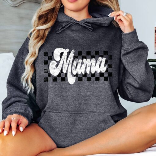 checkered mama hoodie in white and black distressed style for mom life perfect for mothers day and retro fashion phzdl