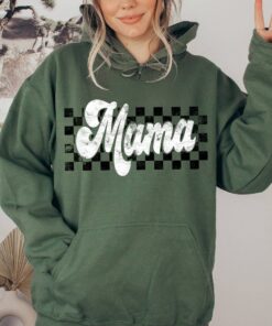 checkered mama hoodie in white and black distressed style for mom life perfect for mothers day and retro fashion yumfj