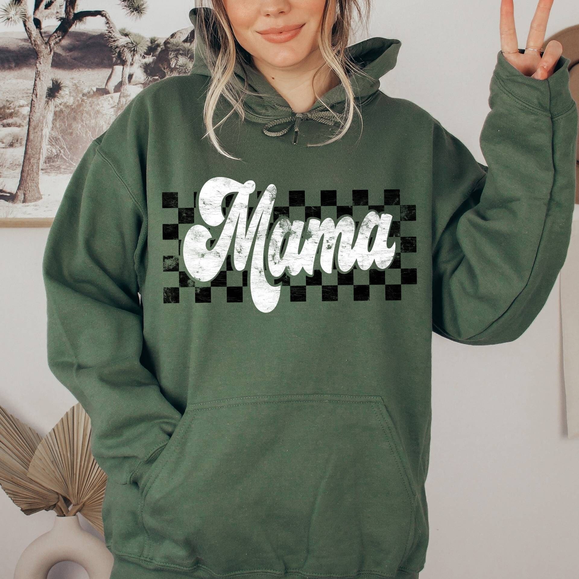 checkered mama hoodie in white and black distressed style for mom life perfect for mothers day and retro fashion yumfj