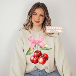 cherry bow sweater for women aesthetic hoodie cute pink ribbon sweatshirt stylish coquette fashion top k7r2j