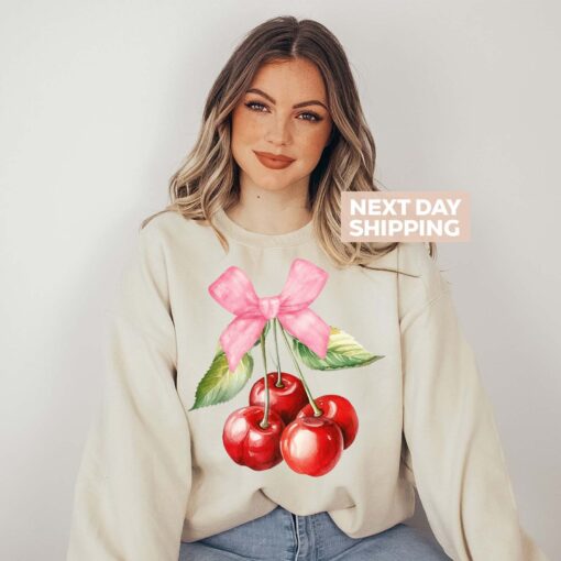 cherry bow sweater for women aesthetic hoodie cute pink ribbon sweatshirt stylish coquette fashion top k7r2j
