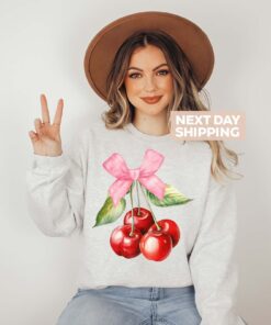 cherry bow sweater for women aesthetic hoodie cute pink ribbon sweatshirt stylish coquette fashion top qezlt