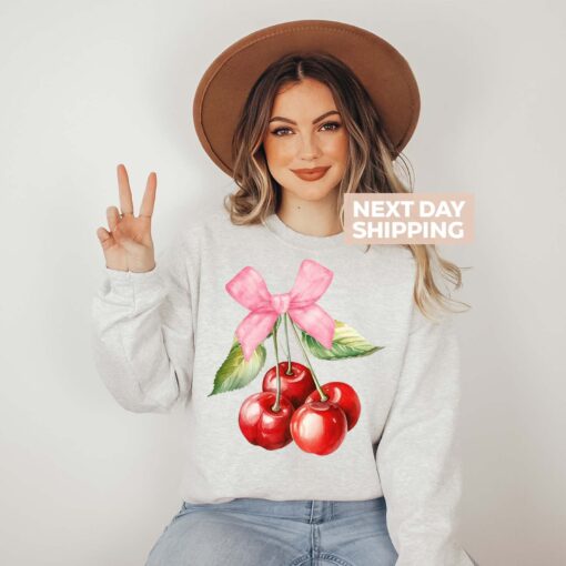 cherry bow sweater for women aesthetic hoodie cute pink ribbon sweatshirt stylish coquette fashion top qezlt