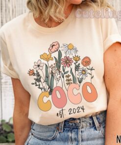 coco shirt for new grandmother wildflowers design promoted to coco est 2024 plus size pregnancy announcement shirt zxtft