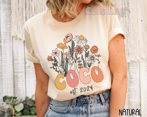 coco shirt for new grandmother wildflowers design promoted to coco est 2024 plus size pregnancy announcement shirt
