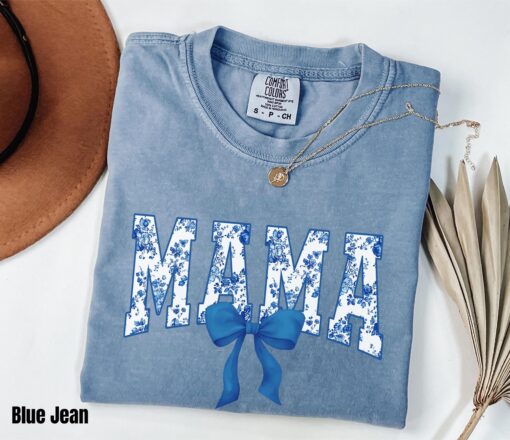 comfort colors mama shirt in blue ribbon cute mom shirt for mothers day girly aesthetic bow design chinoiserie style 7wthn scaled