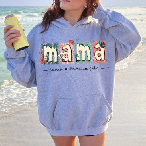 custom floral mama hoodie with kids names personalized glitter design unique mama doodle t shirt for mom life ze3uz
