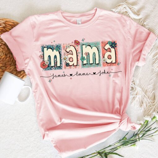 custom floral mama shirt with kids names glitter design for mothers day gifts and unique mom life apparel