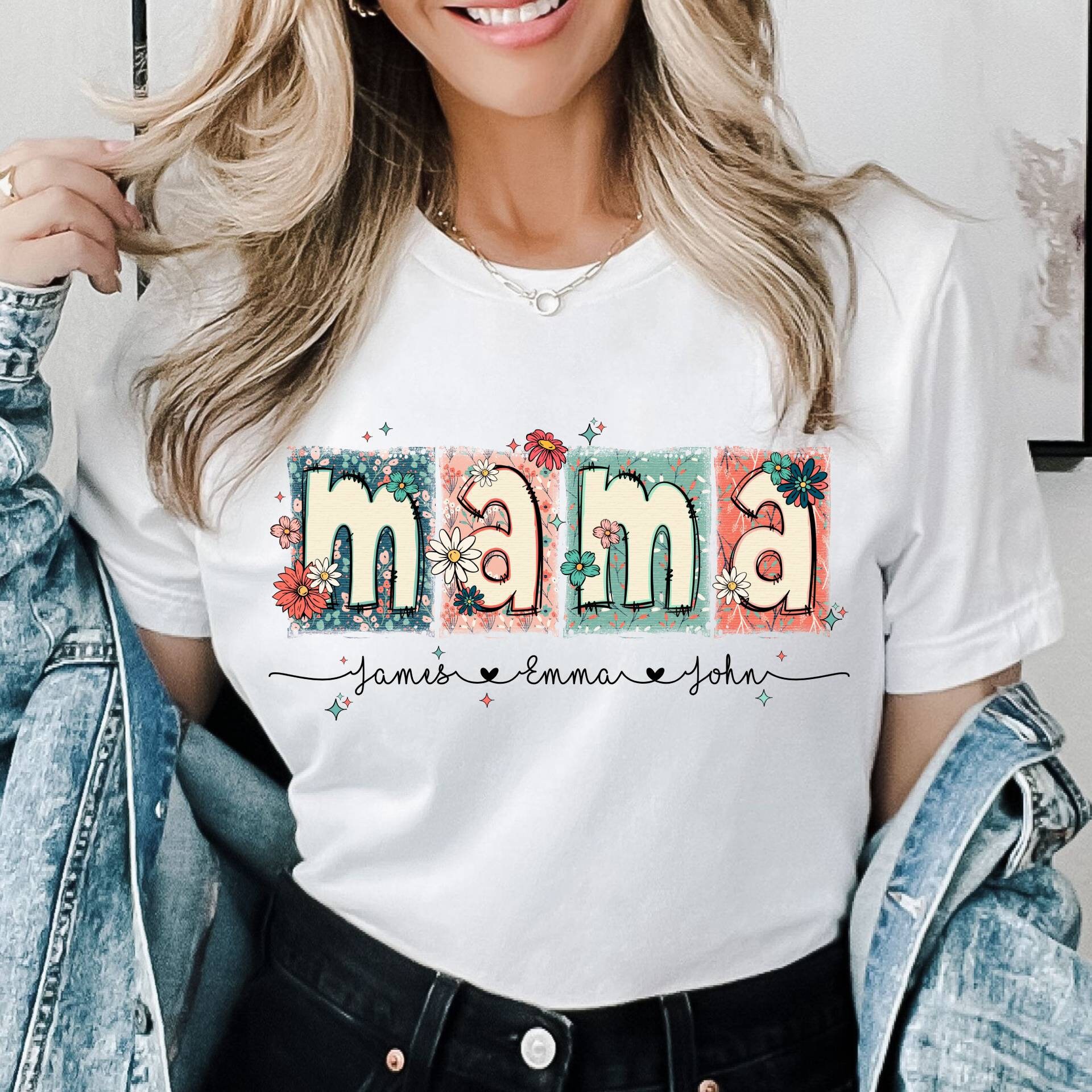 custom floral mama shirt with kids names glitter design for mothers day gifts and unique mom life apparel gzmju