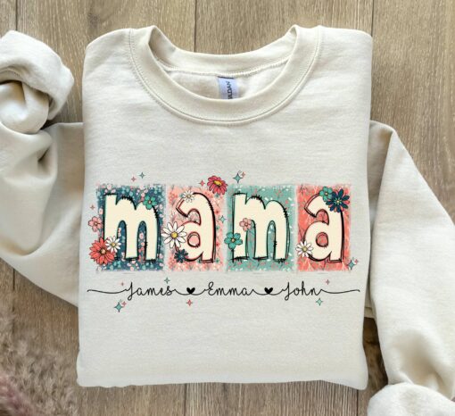 custom floral mama sweatshirt with kids names personalized glitter mama shirt cute doodle design for moms f6hcz