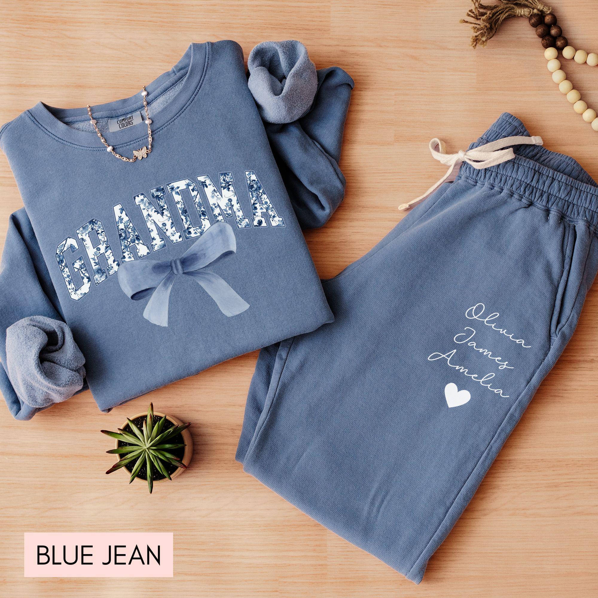 custom grandma sweatshirt and sweatpants set with blue bow for new grandma mothers day gift comfortable apparel rvutq