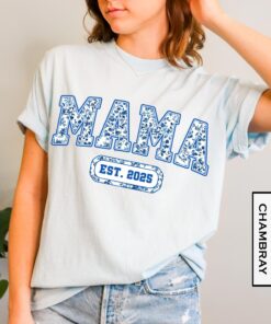 custom mama shirt in coquette blue toile established year design for new moms perfect for mothers day gifts lzwnx