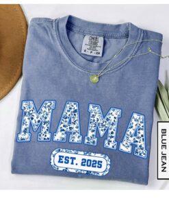 custom mama shirt in coquette blue toile established year design for new moms perfect for mothers day gifts pbykt